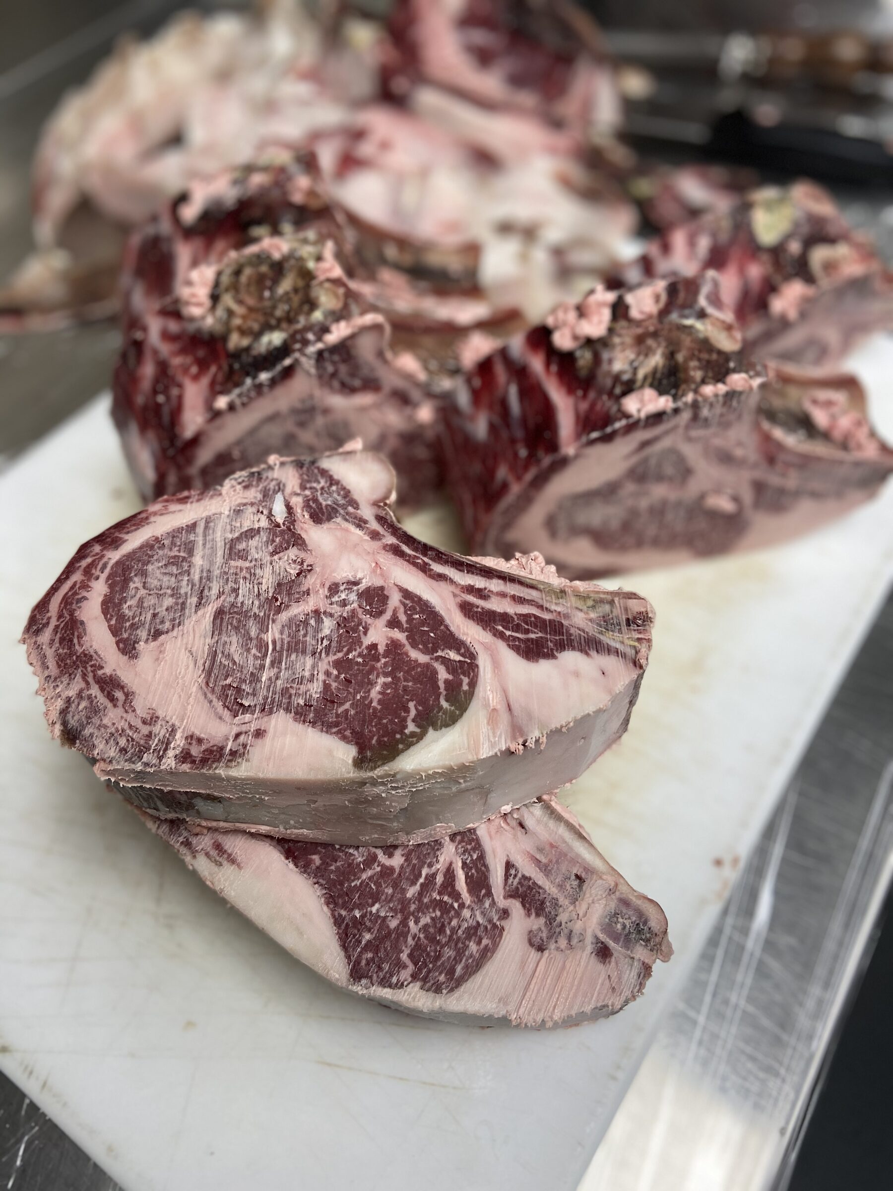 Close-up of a dry-aged cut showing its marbling