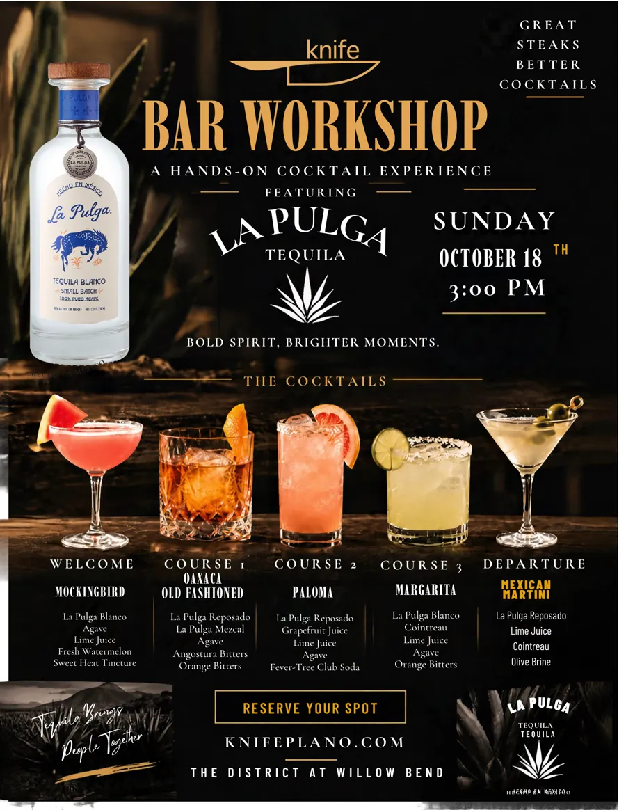 Bar Workshop flyer featuring La Pulga Tequila, Sunday, October 18th at 3:00 PM