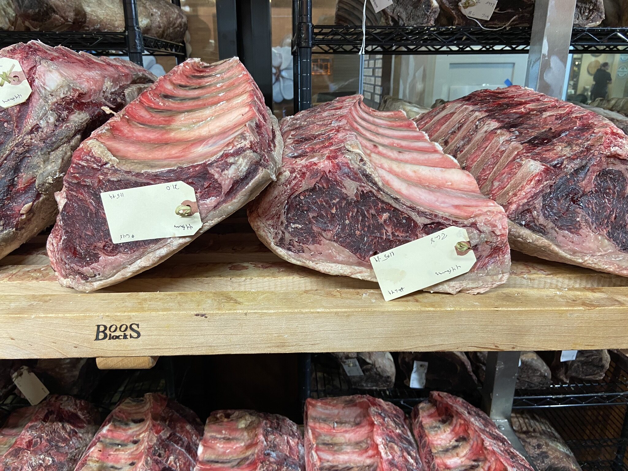 Dry-aged chops on the butcher's counter