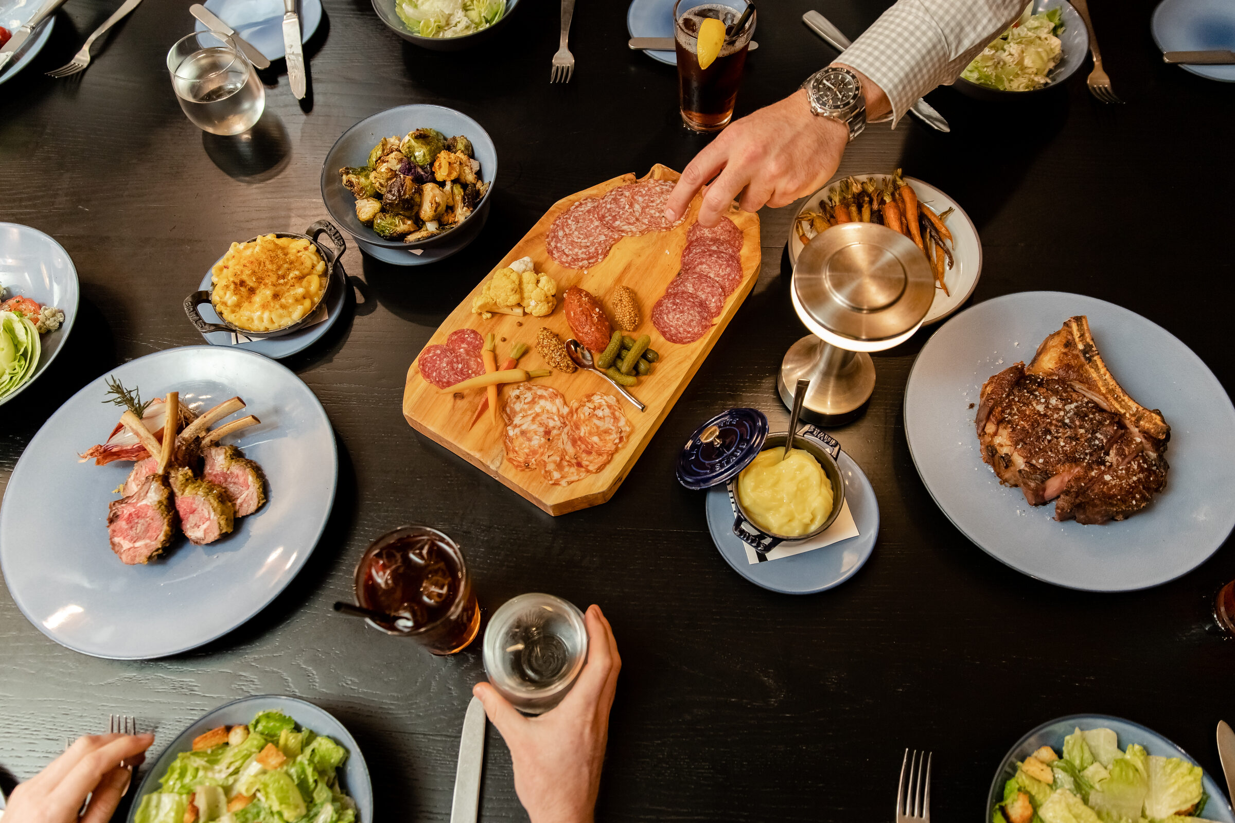 A festive family-style spread for a holiday party
