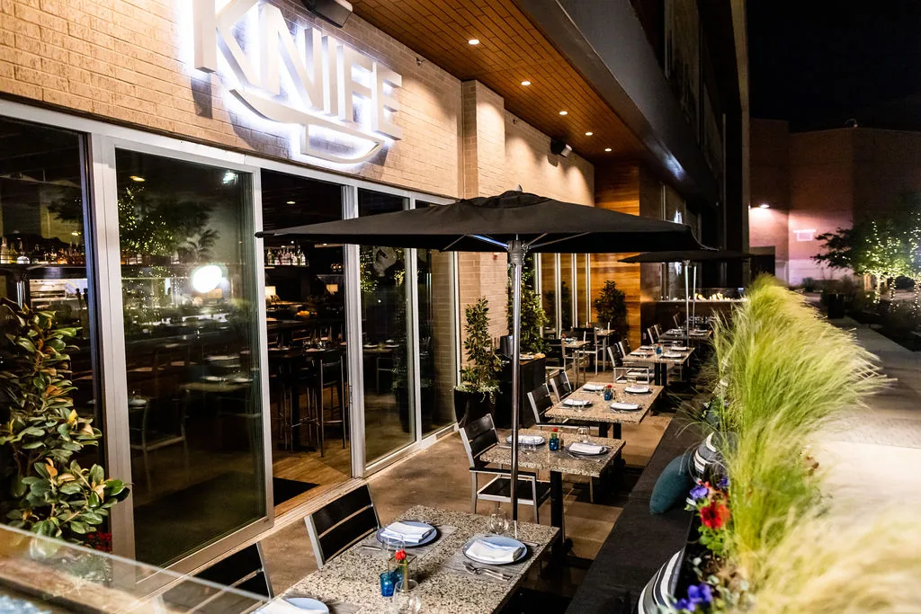 The patio and exterior at Knife Steakhouse Plano